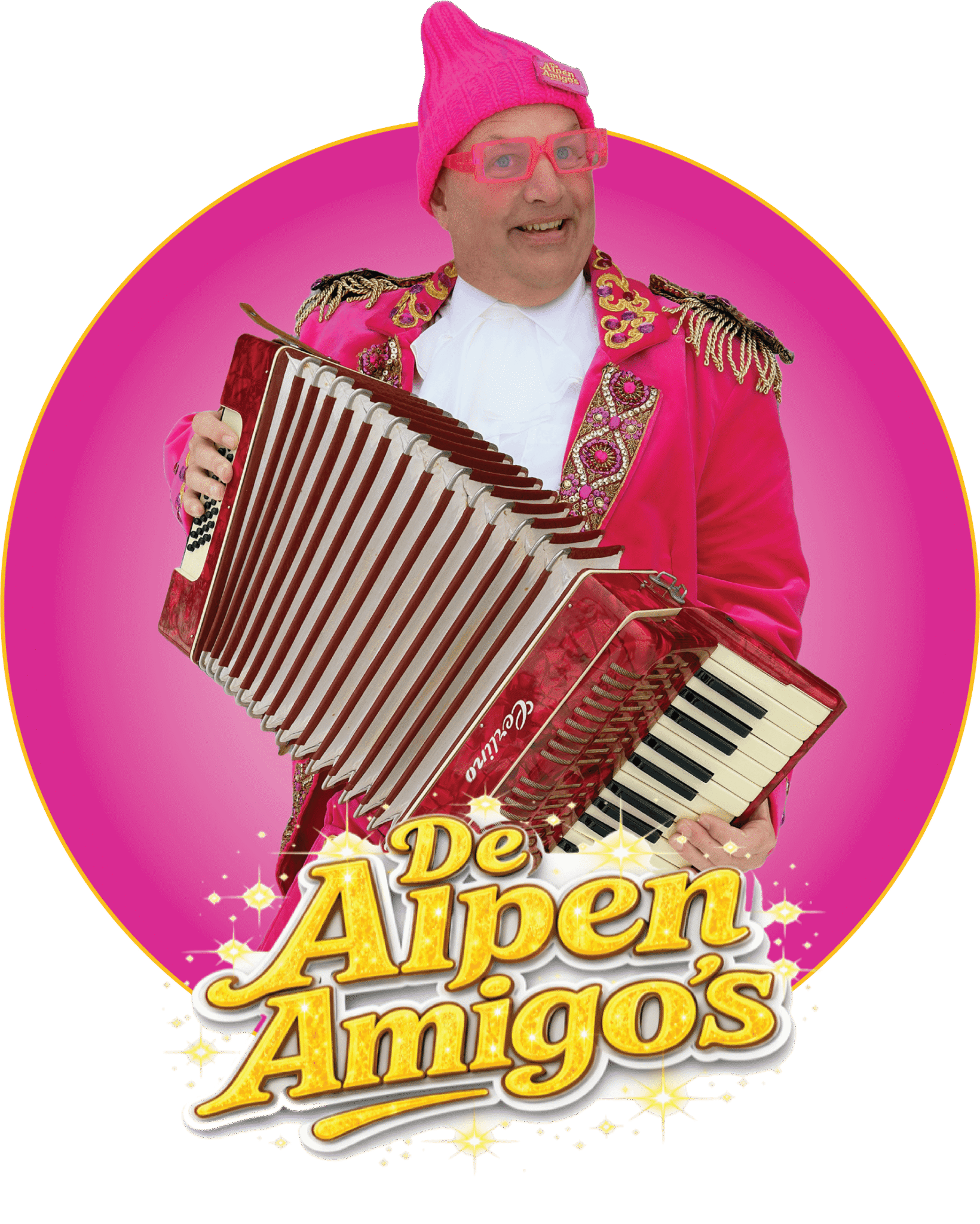 Accordeonist van De Alpen Amigo's in roze feestkostuum