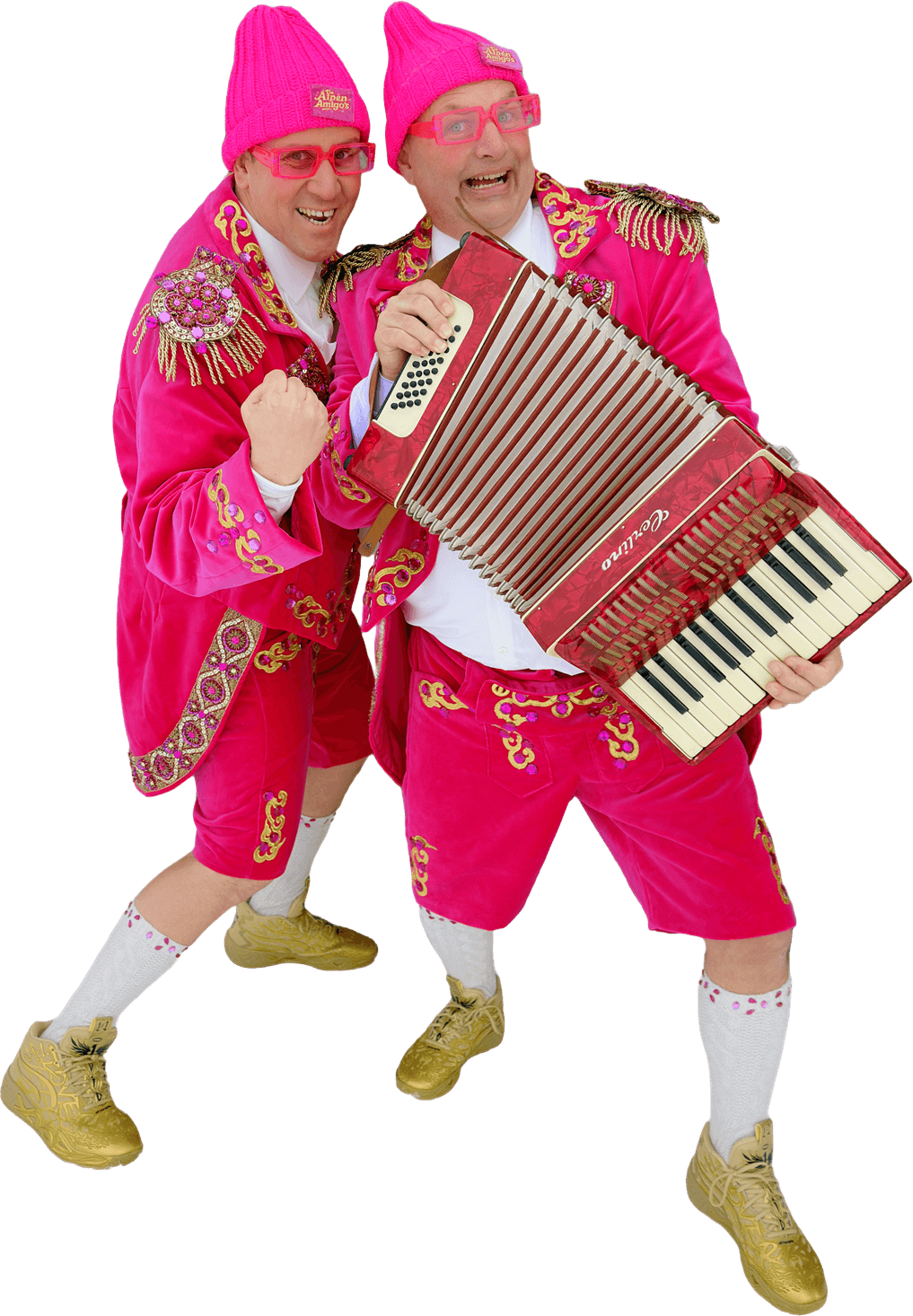 De Alpen Amigo's: twee entertainers in roze pakken met accordeon
